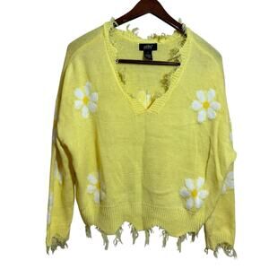 Just Polly Women's Size L Daisy-Print Destructed Sweater Yellow Oversized Floral